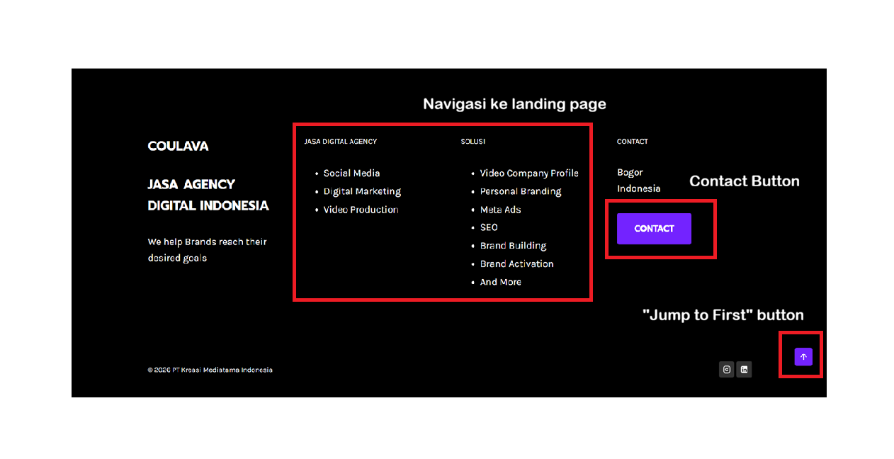 Footer website Coulava jelas dan bersih