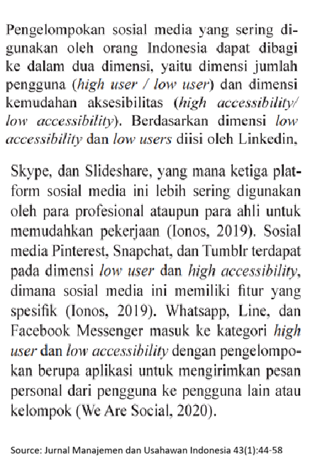 Penjelasan klasifikasi social media dari jurnal Manajemen dan Usahawan Indonesia 43(1): 44-58