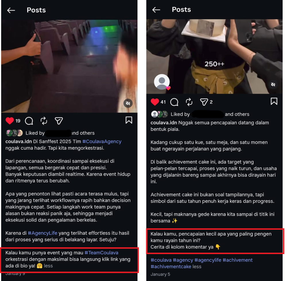 Call to Action di caption social media Coulava untuk social signal