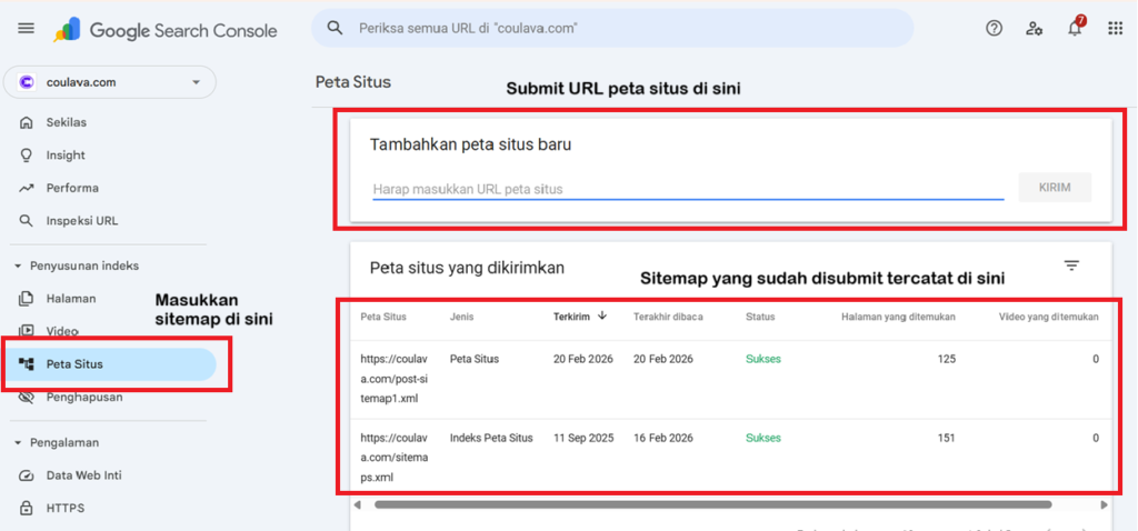 Menu peta situs di GSC Coulava untuk submit sitemap XML