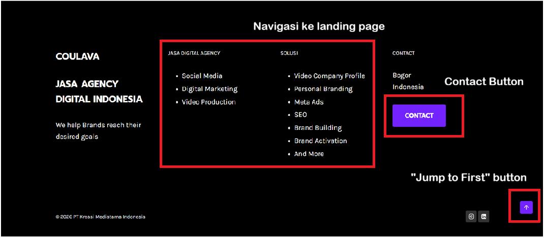 Footer website Coulava jelas dan bersih