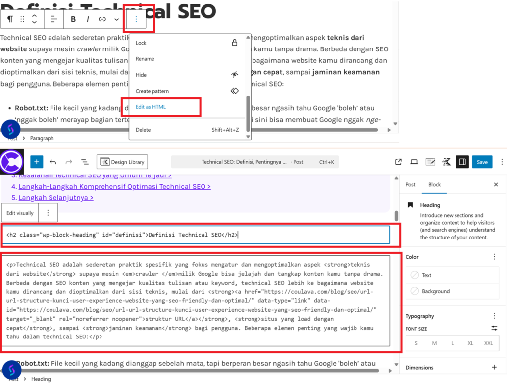 Contoh HTML code di artikel website Coulava