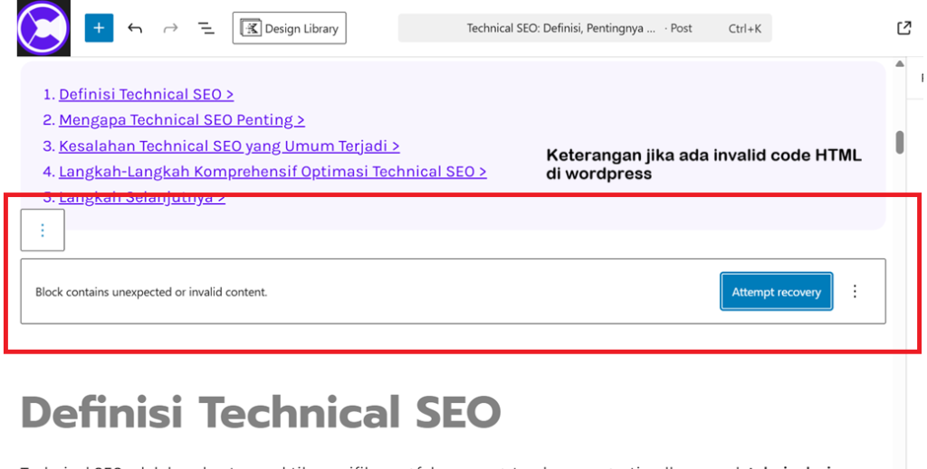Contoh tampilan invalid code HTML di wordpress