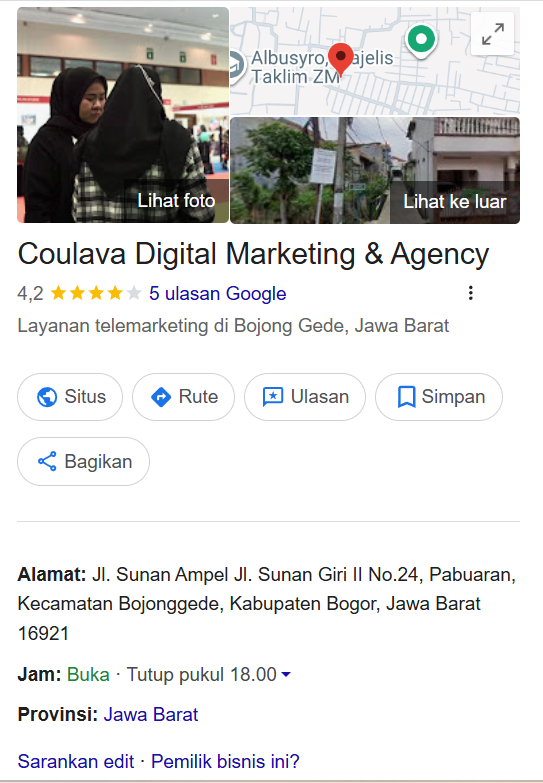Contoh penunjang trustworthiness berupa Google Business Profile dengan alamat dan ulasan