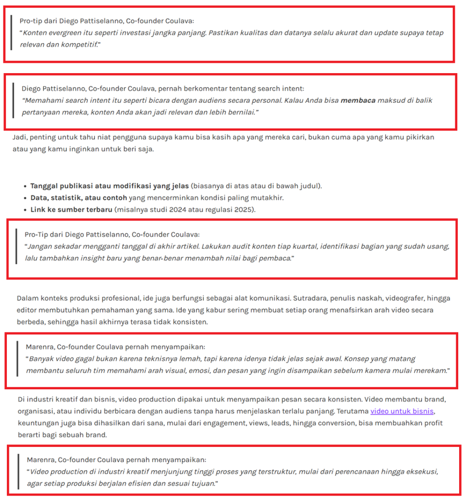 Contoh sitasi dari wawancara internal Coulava dengan SME yang tertuang di artikel