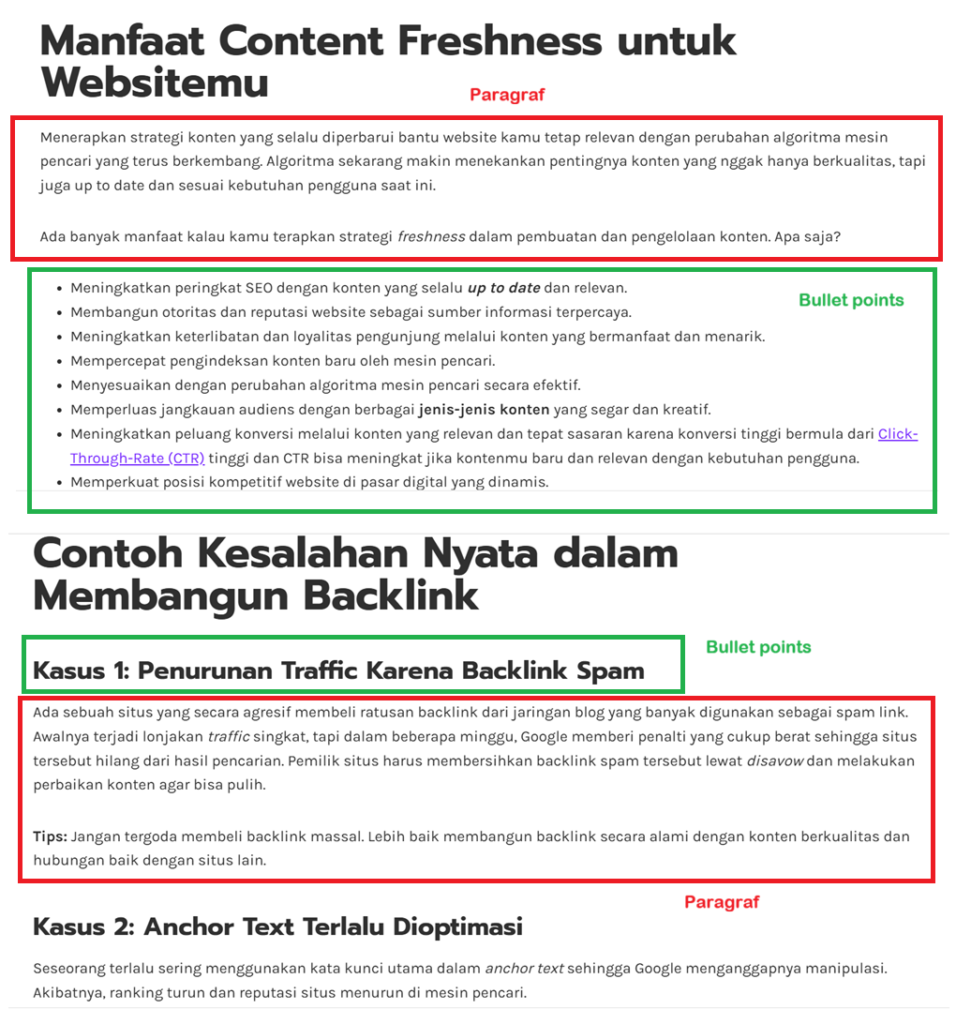 Kombinasi antara bullet point dan paragraf untuk kenyamanan pembaca dalam artikel Coulava