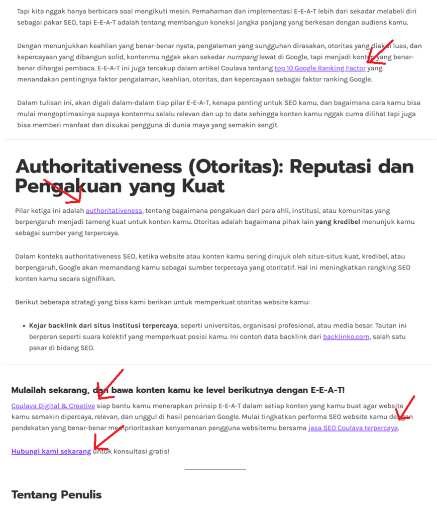 Penerapan internal linking dalam artikel Coulava