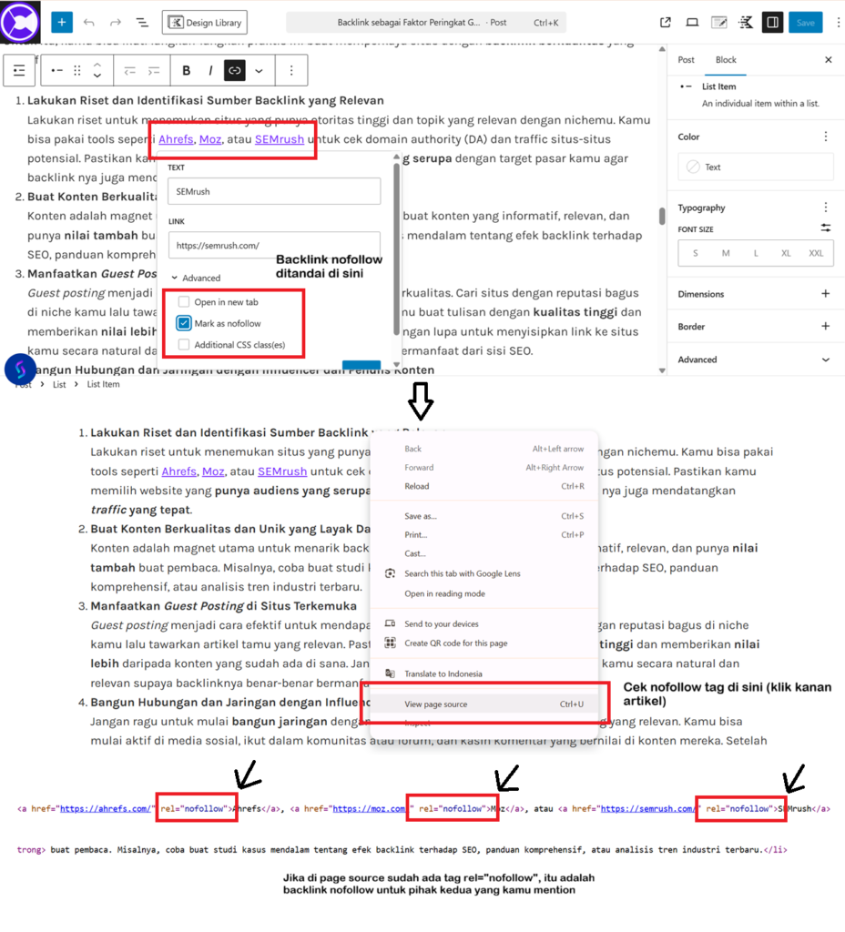Contoh cara memberi backlink nofollow di artikel