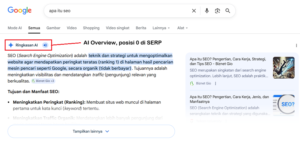 Contoh AI overview yang ada di posisi 0 SERP untuk kata kunci "apa itu seo"