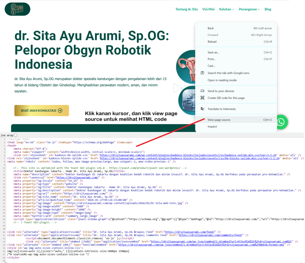 Melihat HTML code halaman di view page source