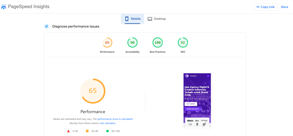 Tampilan pagespeed insights Coulava untuk data core web vitals mobile