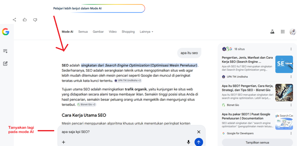 Bisa pelajari lebih lanjut dengan mode AI setelah mendapat AI overview