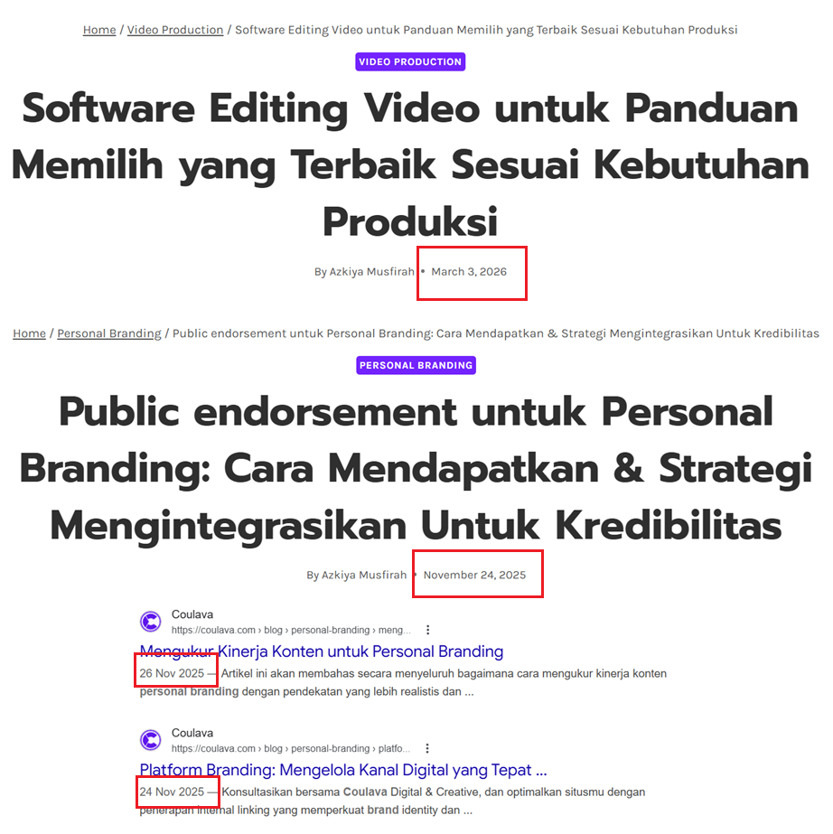 Contoh tanggal published artikel yang tertera di bawah judul artikel atau di snippet SERP